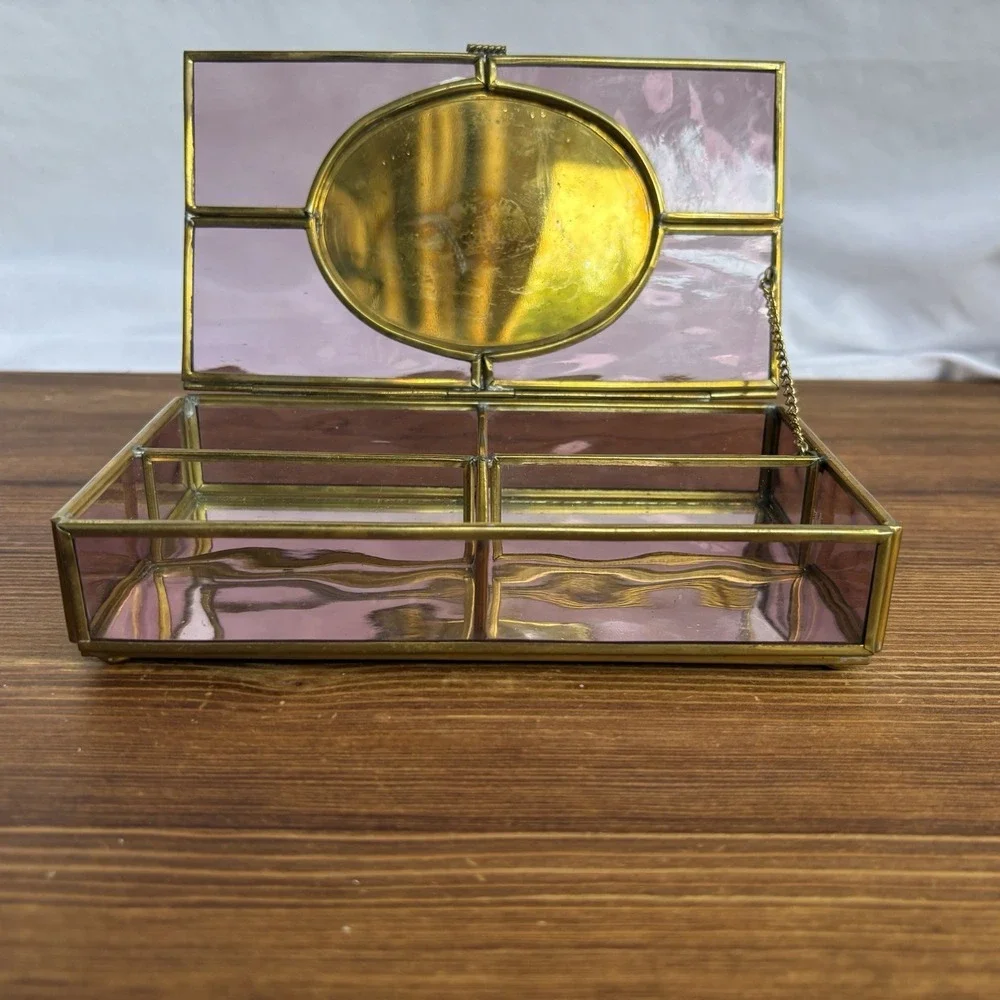Enesco Amethyst Pink Stained Glass Jewelry Box Cherub Angel Roses Trinket Box
